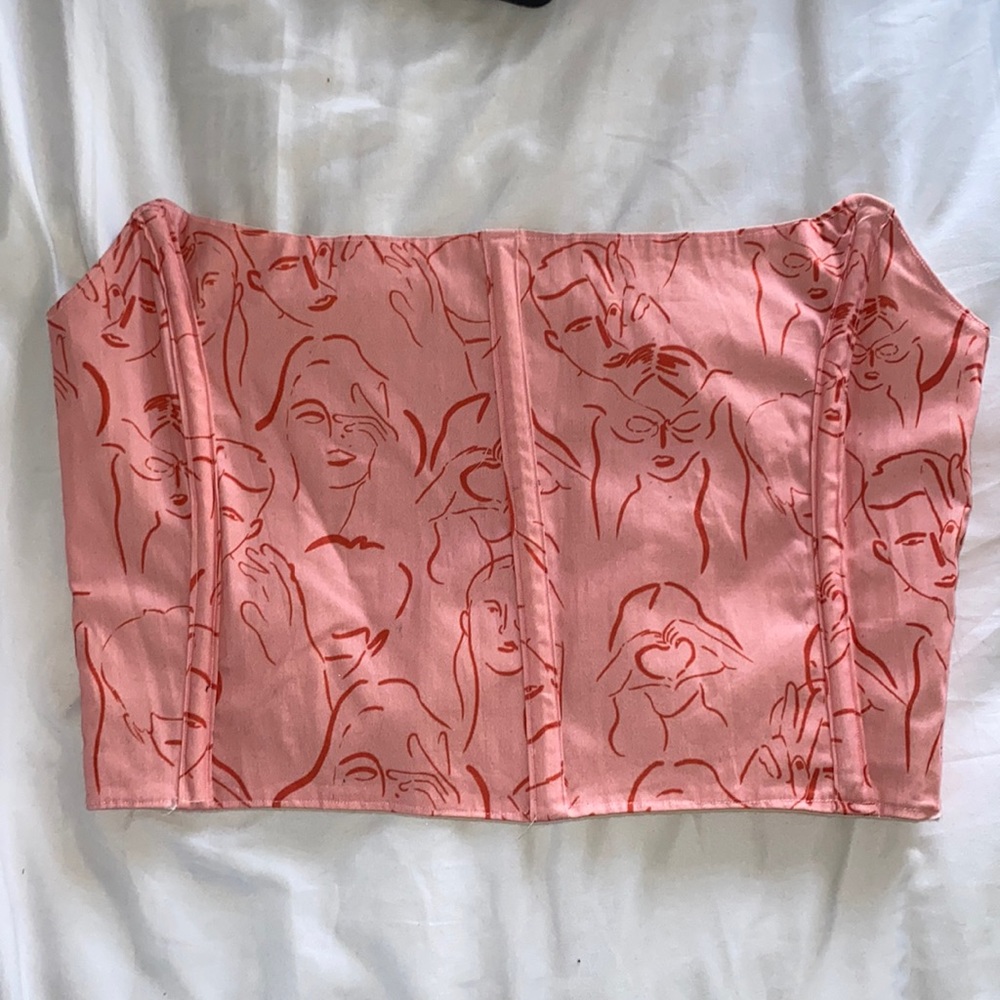Pink/Red Abstract Cropped Corset Top with Lace Up Back Going Out Top Valentines